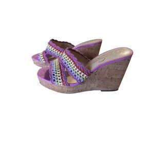 Jessica Simpson pink purple yellow crochet wedge sandals size 8.5M